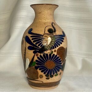Mexican Sandstone Vase Tonala Folk Art Hand Painted VTG Signed‎ EUC